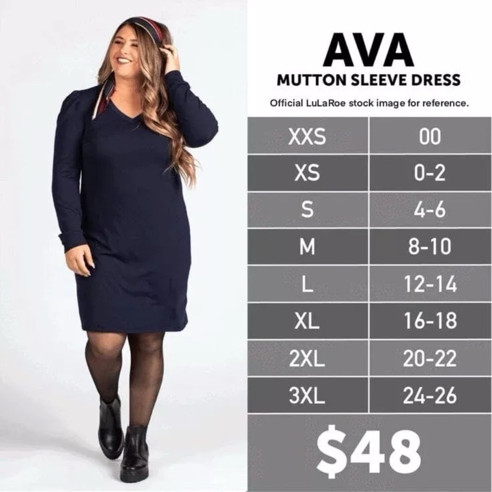 LuLaRoe Navy Blue Ava Mutton Long Sleeve V-Neck Midi Dress - Women’s Size XL NWT - Picture 5 of 6